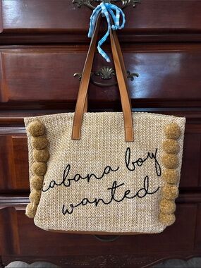 Woven Pom Tote Bag "cabana boy wanted" - Tan